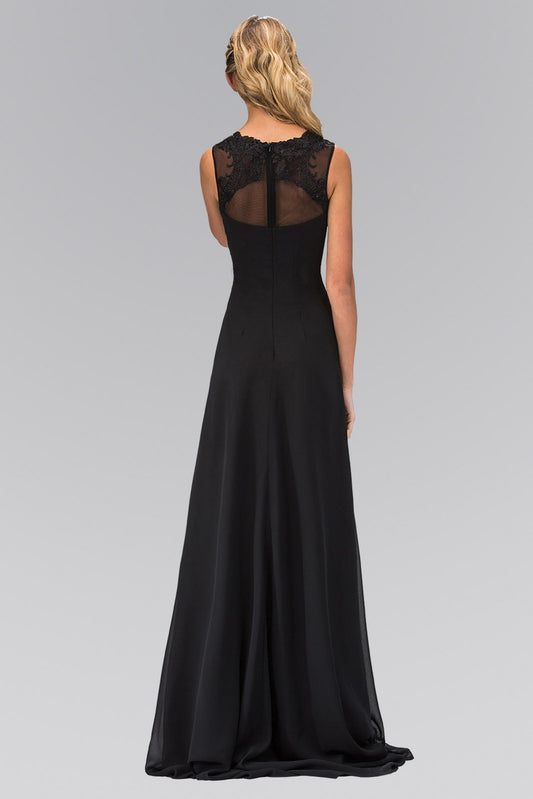 USA Ruched Floor Length Dress with Illusion Neckline and Sheer Back