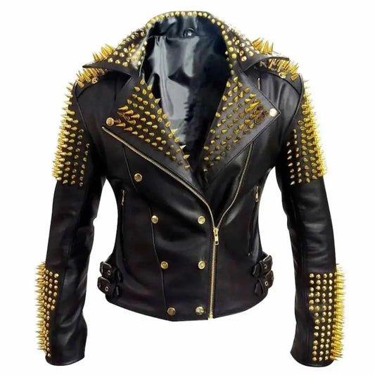 Mens Studded Black Leather Motorcycle Jacket