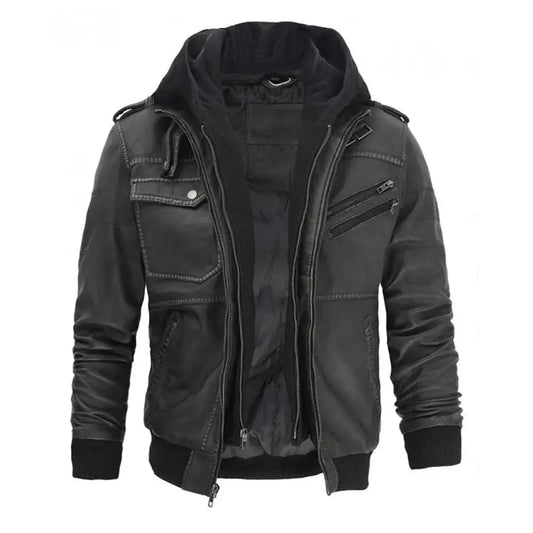 Men’s Grey Hooded Leather Bomber Jacket