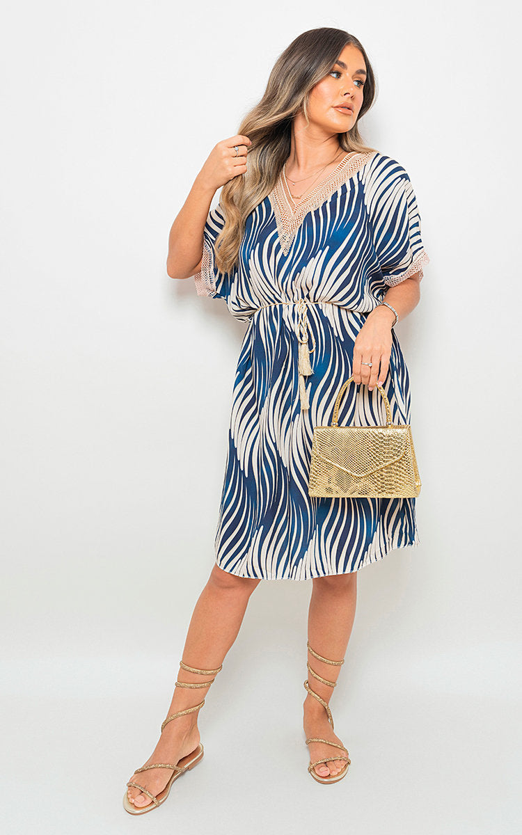 Moda Belted Lace Panel Printed Mini Dress