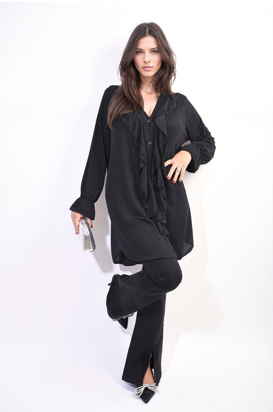 Moda Oversized Satin Ruffle Shirt Dress