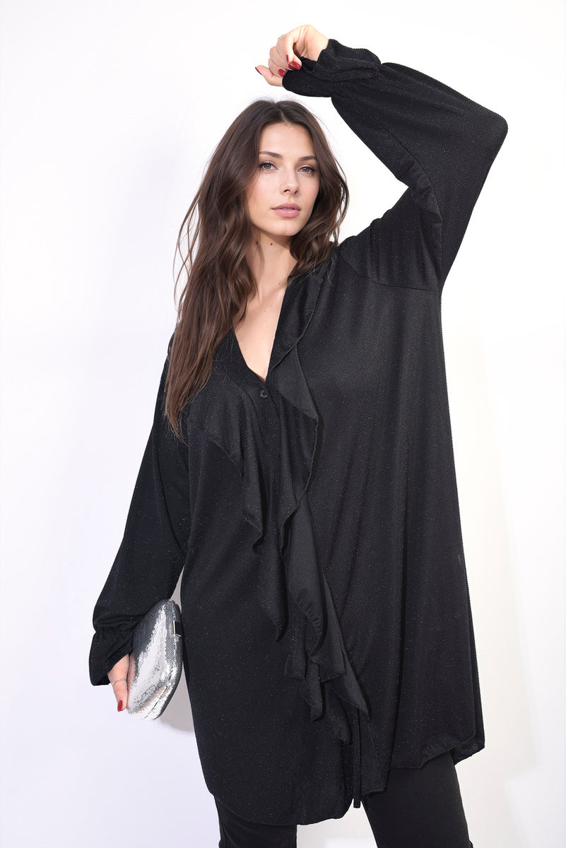 Moda Oversized Satin Ruffle Shirt Dress