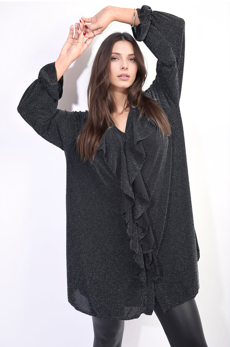 Moda Oversized Satin Ruffle Shirt Dress