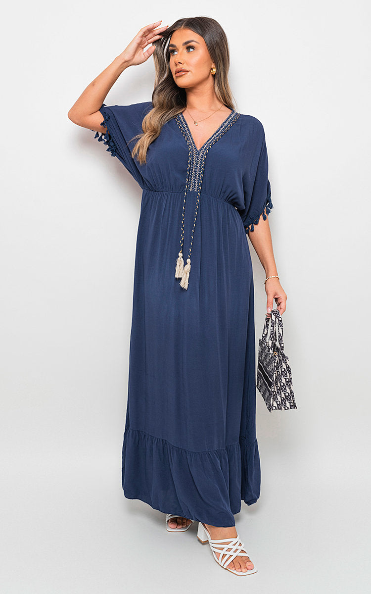 Moda V-Neck Rope Tassel Detail Maxi Dress