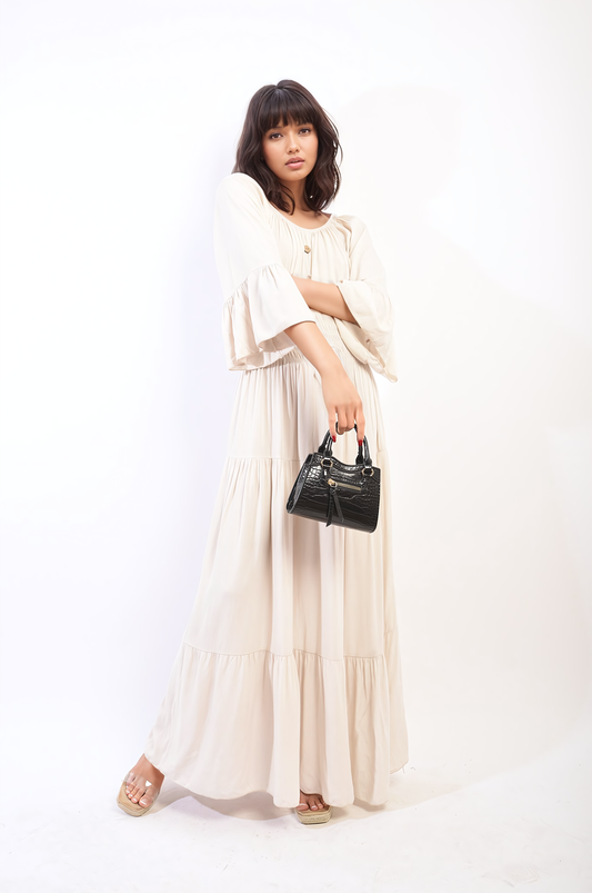 Moda Ruffle Hem Sleeve Shirred Waist Tiered Maxi Dress