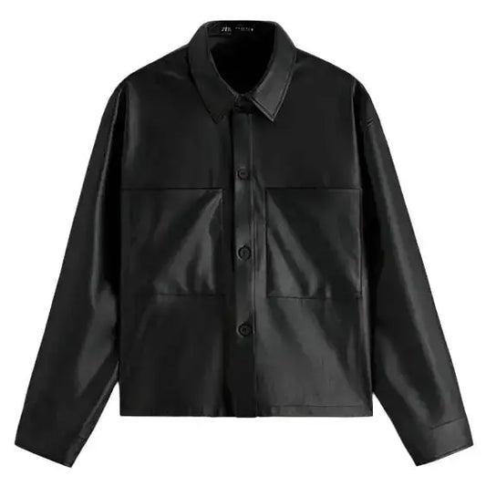 Mens Black Leather Button-Up Overshirt-0