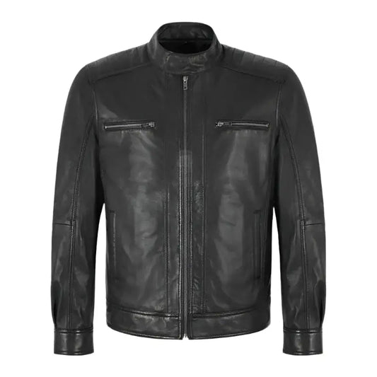 Mens Black Cafe Racer Leather Jacket-0