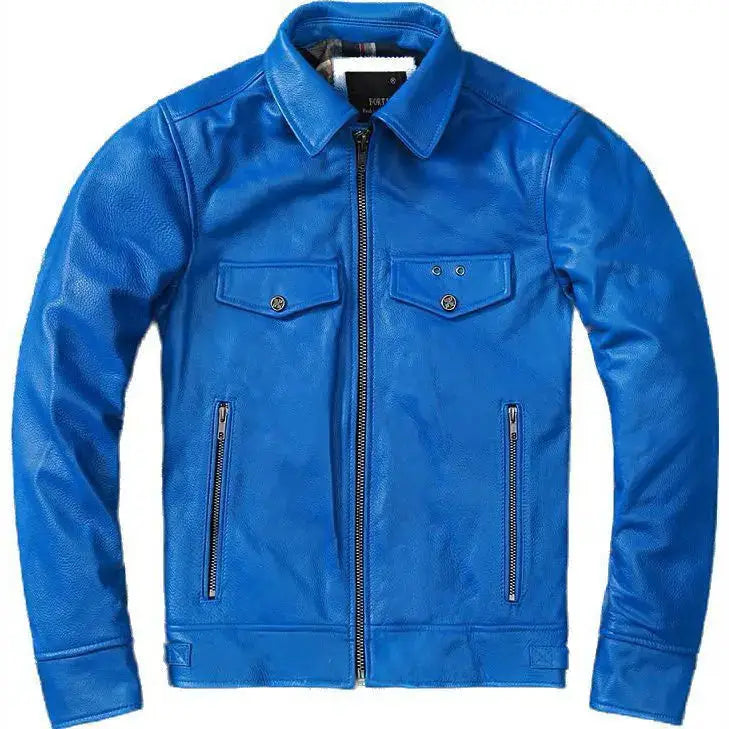 Men's Blue Trucker Style Motorcycle Cafe Racer Jacket