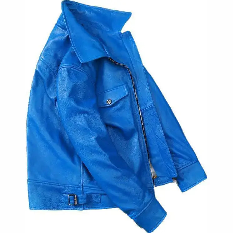 Men's Blue Trucker Style Motorcycle Cafe Racer Jacket