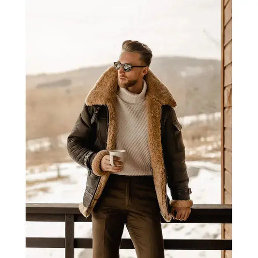 Mens Shearling Leather Aviator Jacket-0