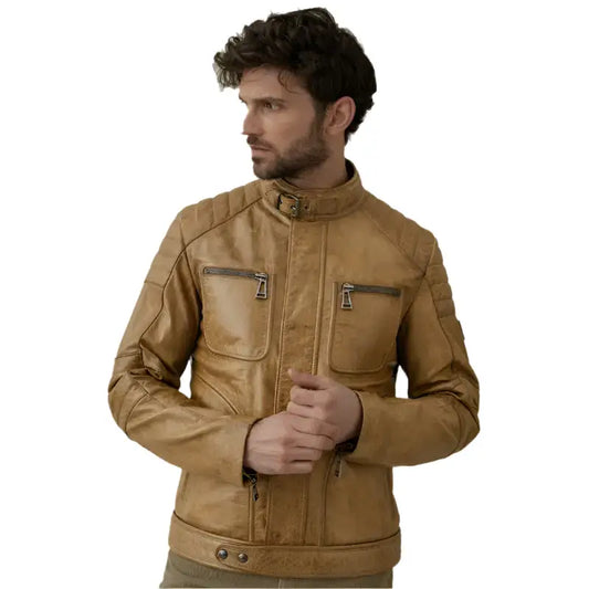 Mens Brown Leather Cafe Racer Jacket