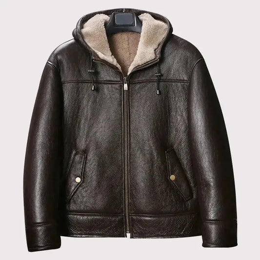 Men’s Brown Hooded B3 Shearling Motorcycle Jacket-0