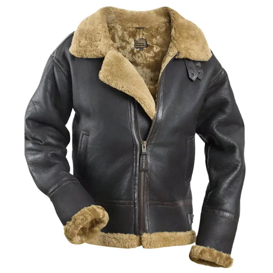 Mens Brown Winter Fur Leather Jacket-0