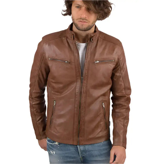 Mens Cognac Sheep Leather Biker Jacket-0