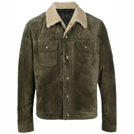 Men's Distressed Green Leather Trucker Jacket-0