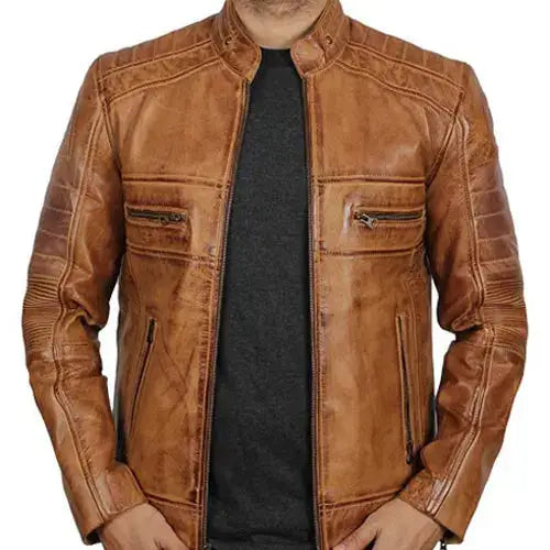 Men’s Distressed Tan Brown Café Racer Jacket with Stand Collar-0