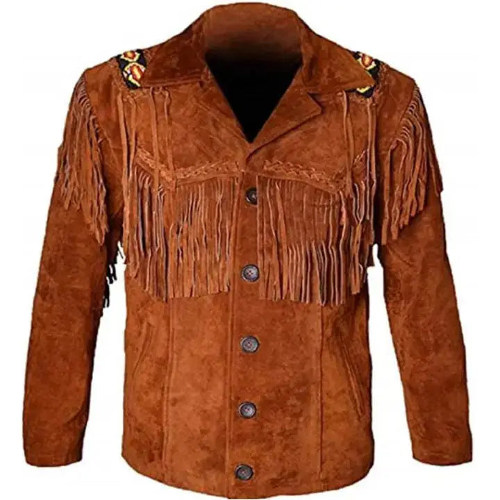 Men's Tan Suede Western Fringe Leather Jacket