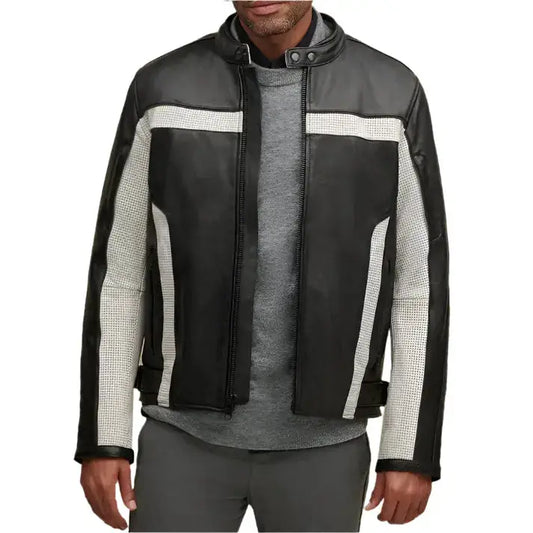 Mens Genuine Leather Color Blocked Biker Jacket-0