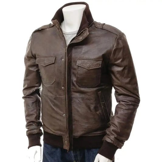 Men’s Brown Epaulet High Collar Leather Jacket