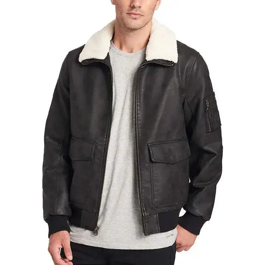 Mens Leather Aviator Bomber Jacket-0