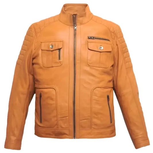 Men's Orange Lamb Leather Biker Jacket-0