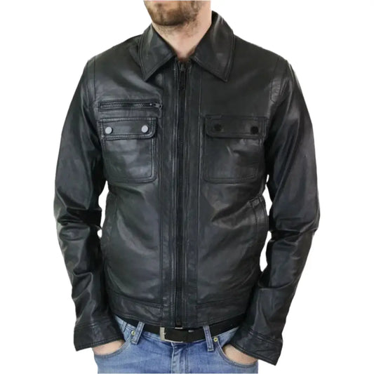 Men’s Retro Vintage Classic Slim Fit Black Leather Jacket-0