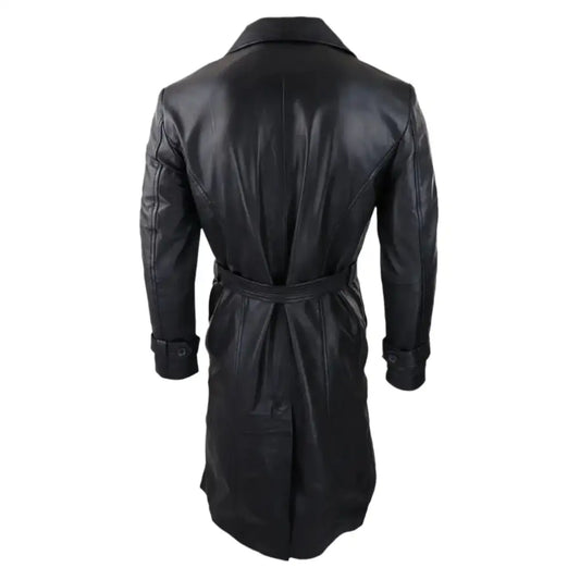 Men’s Vintage 80s Style Black Long Leather Belted Punk Coat