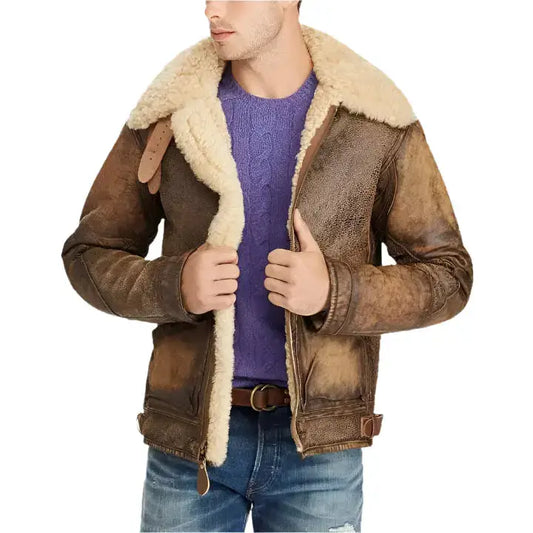 Men’s Wax Brown Sheepskin Aviator Jacket – Flying Fur Shearling Style-0