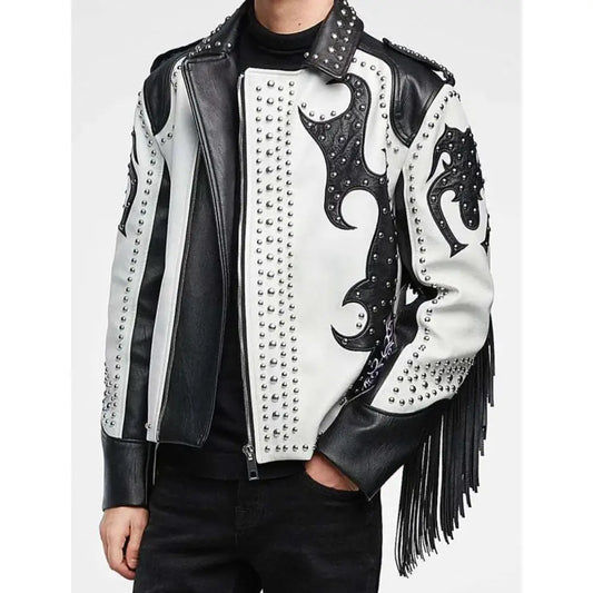 Men's Black & White Studded Cowboy Leather Jacket
