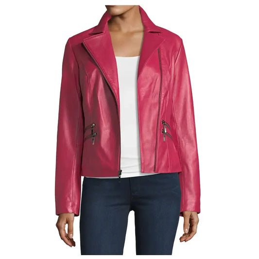 Women's Pink Lambskin Biker Leather Jacket