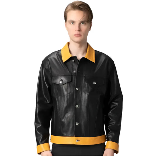 Mens Premium Black Leather Trucker Jacket-0