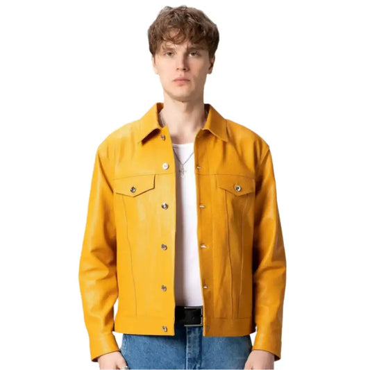 Men's Premium Yellow Leather Trucker Jacket-0