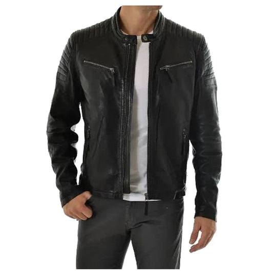 Men's Black Shoulder Stripe Leather Biker Jacket-0