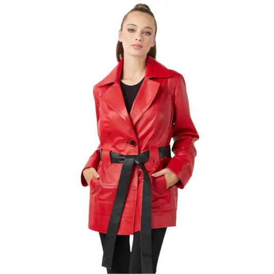 Women's Red Leather Trench Coat-0