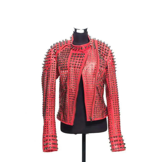 Women’s Red Studded Leather Jacket