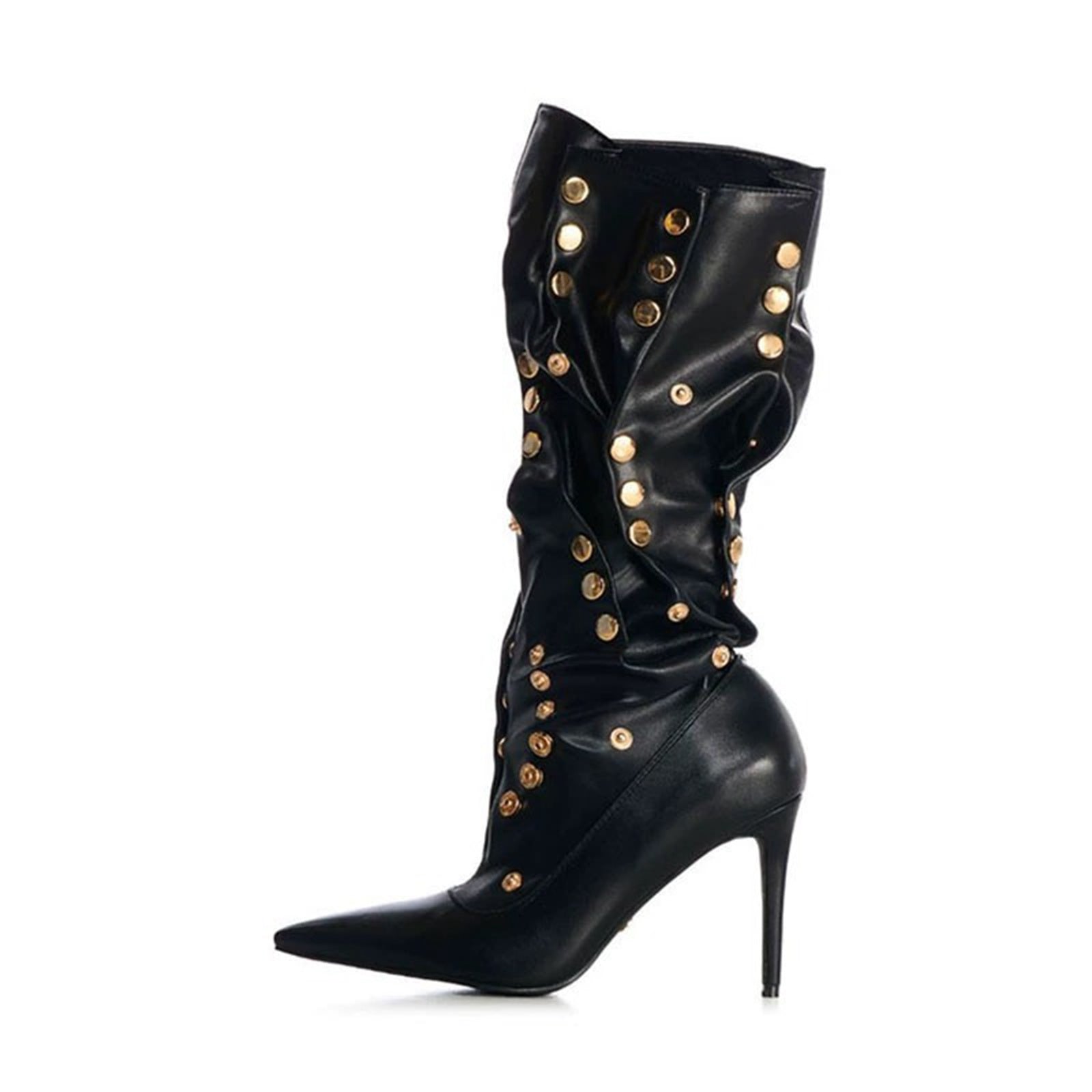 Rivet Encrusted Black Slouchy Stiletto Knee High Boots-0