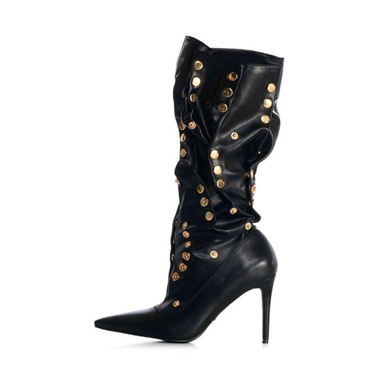 Rivet Encrusted Black Slouchy Stiletto Knee High Boots-0