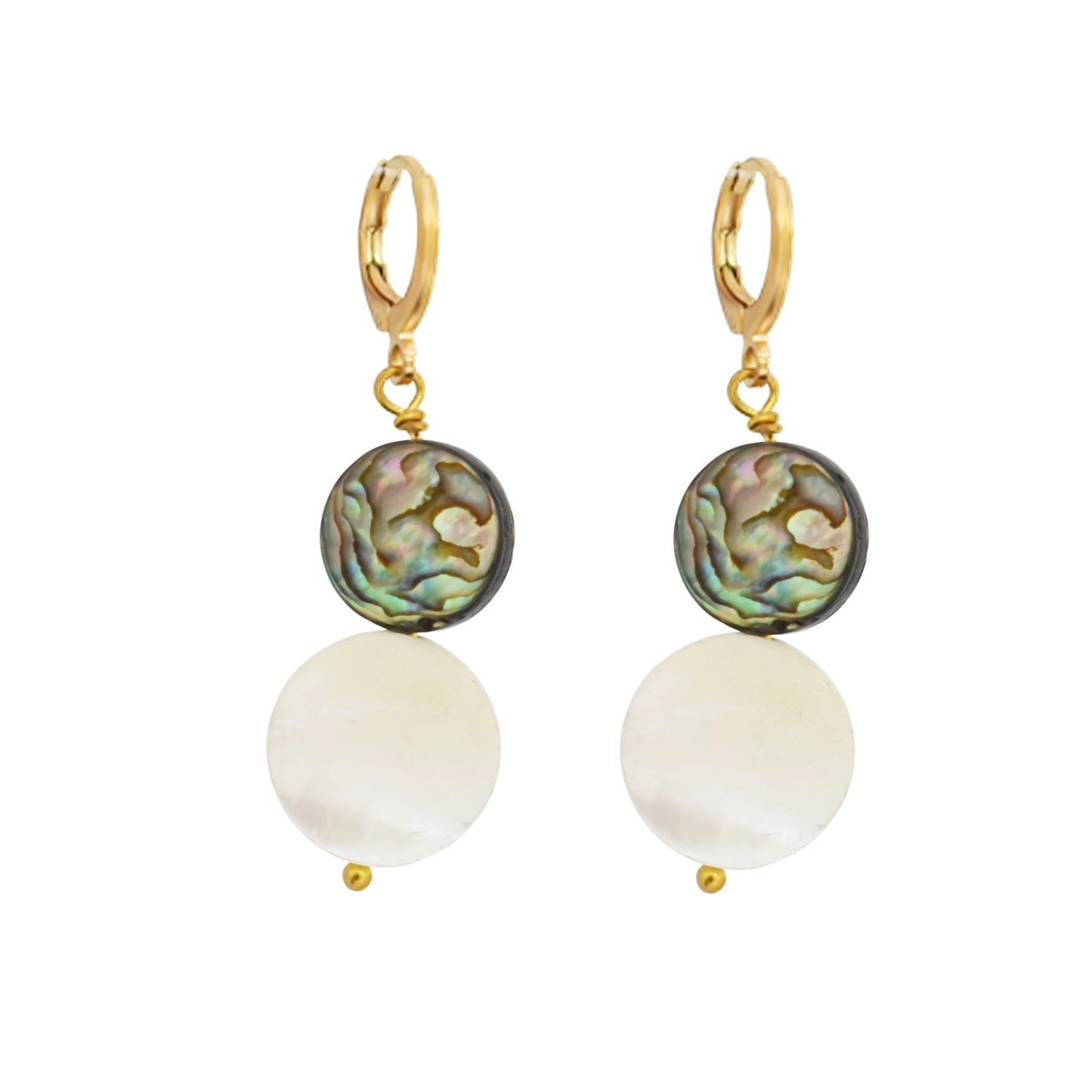 Abalone shell, white coin pearl Huggie Hoop Earrings | by Ifemi Jewels