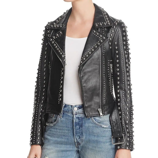 Women’s Silver Studded Punk Fashion Leather Jacket