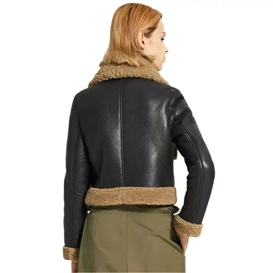 Riders Republic UK Women's Black Leather Jacket with Brown Shearling Collar