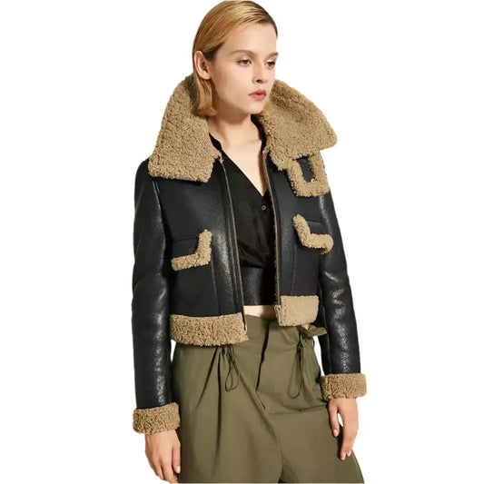 Riders Republic UK Women's Black Leather Jacket with Brown Shearling Collar
