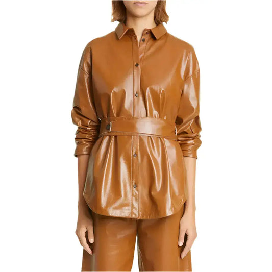 Women’s Tan Brown Leather Belted Shirt Jacket