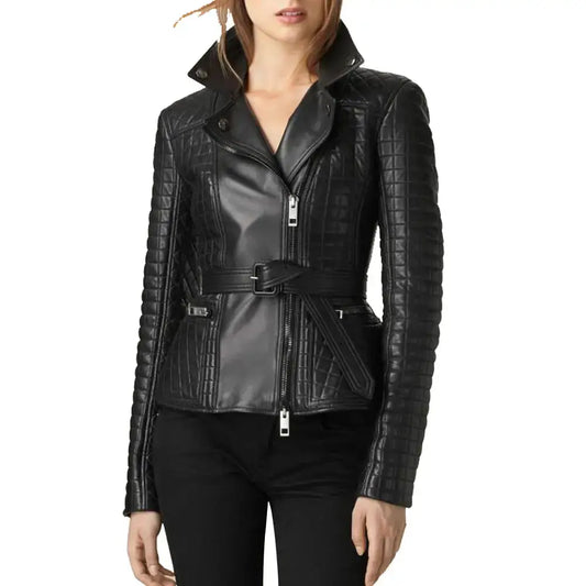 Women’s Slim Fit Black Leather Biker Jacket with Waist Belt