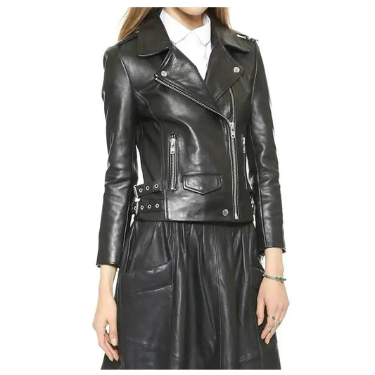 Women’s Genuine Lambskin Leather Biker Jacket with Zipper