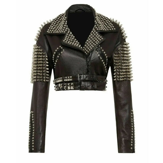 Women’s Silver Studded Short Body Leather Jacket