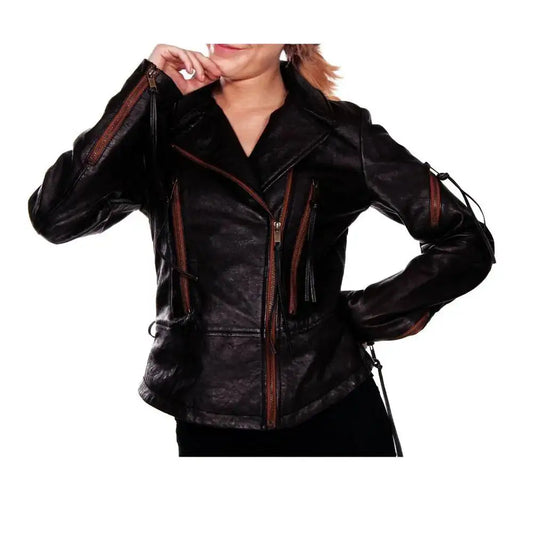 Women's Vintage Stripe Leather Biker Jacket-0