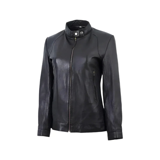 Women's Black Band Collar Biker Leather Jacket-0