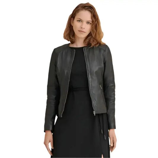 Women’s Black Leather Racing-Inspired Jacket