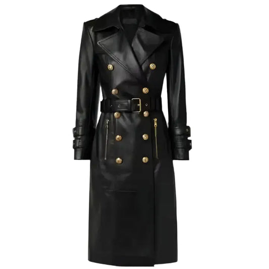 Women's Black Long Leather Trench Coat-0