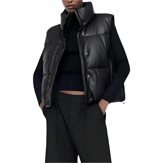 Women’s Black Leather Puffer Vest-0